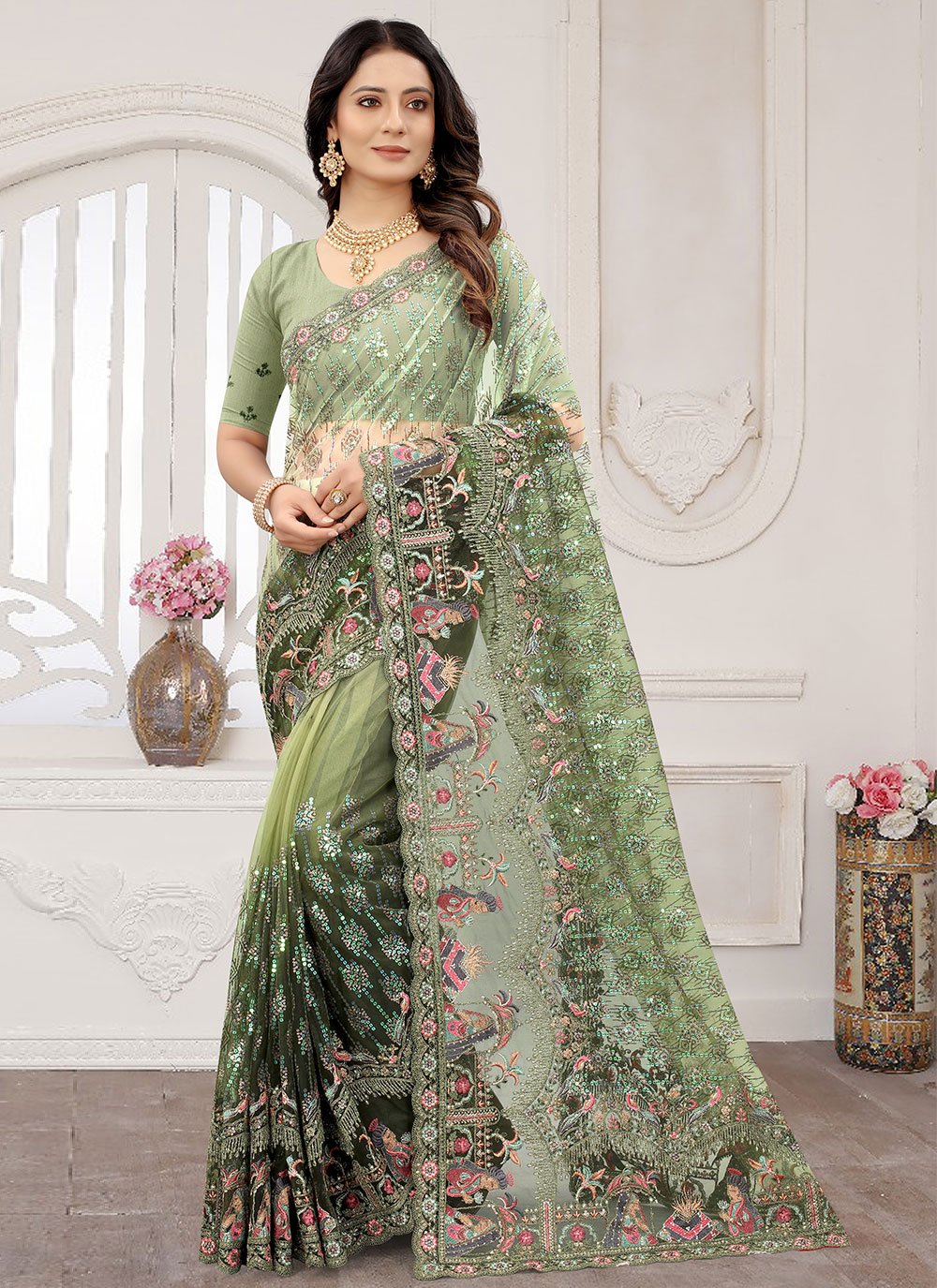 Classic Net Sea Green Cord Work Saree