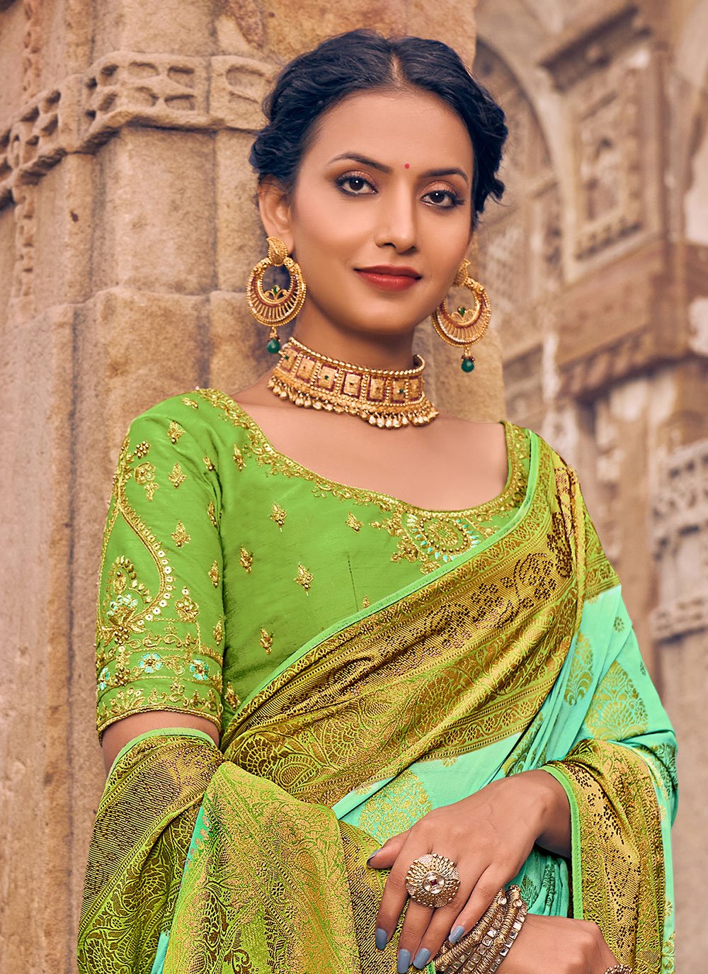 Contemporary Georgette Sea Green Embroidered Saree