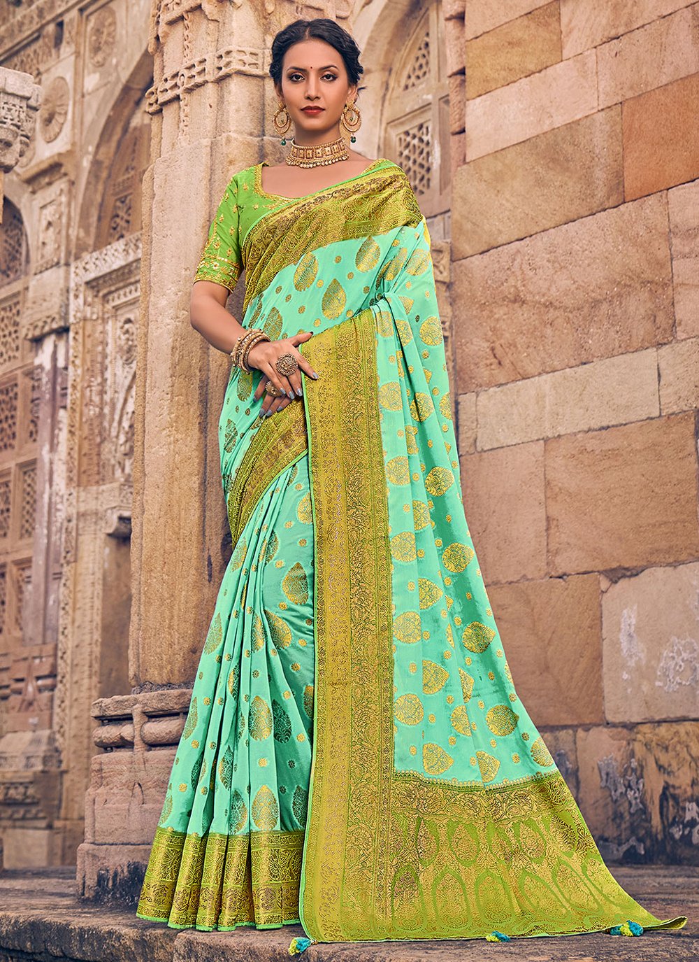 Contemporary Georgette Sea Green Embroidered Saree