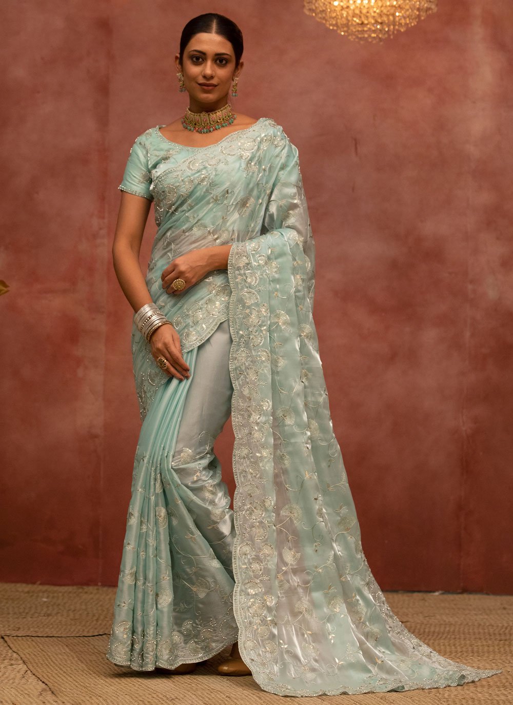 Contemporary Organza Sea Green Embroidered Saree