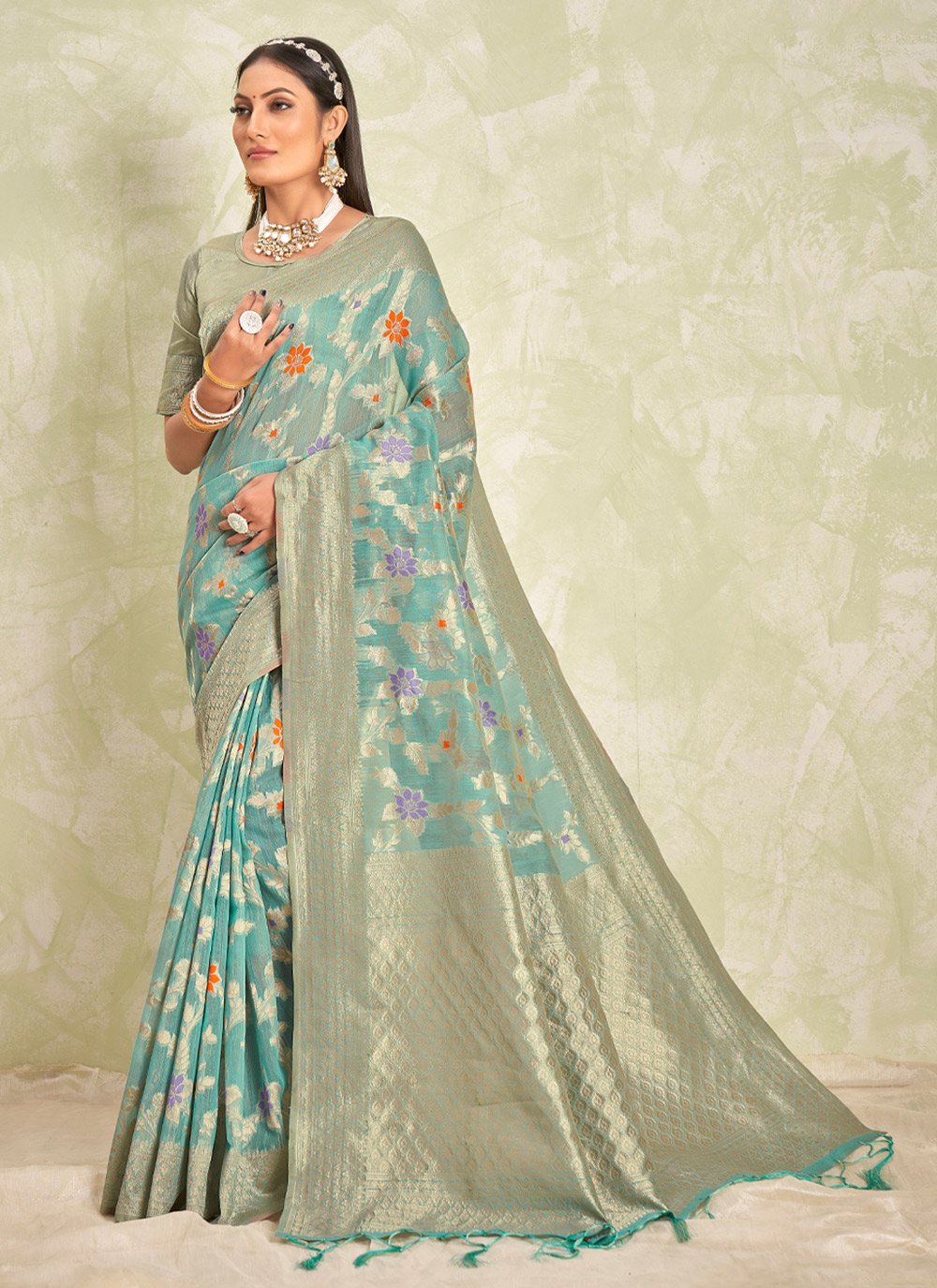 Designer Cotton Sea Green Embroidered Saree