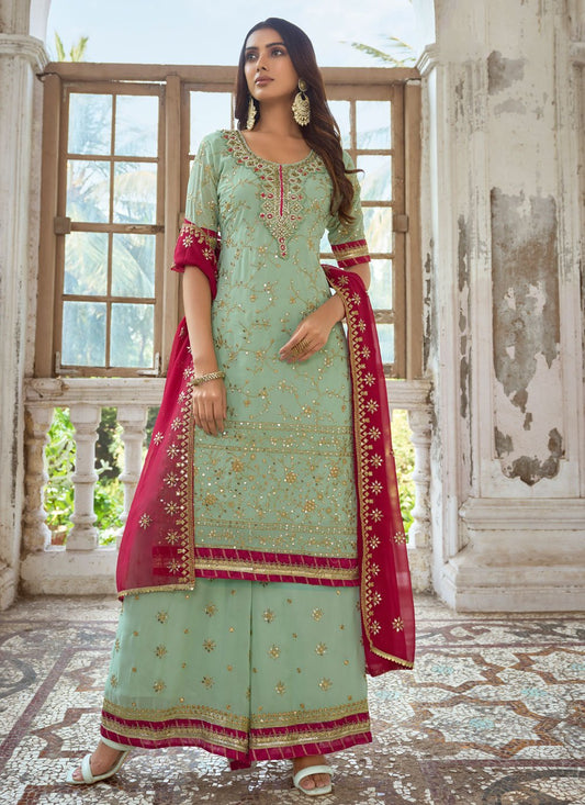 Salwar Suit Faux Georgette Sea Green Embroidered Salwar Kameez