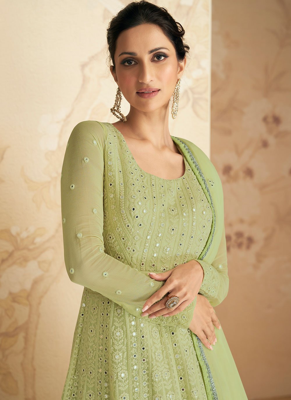 Gown Georgette Sea Green Embroidered Gown
