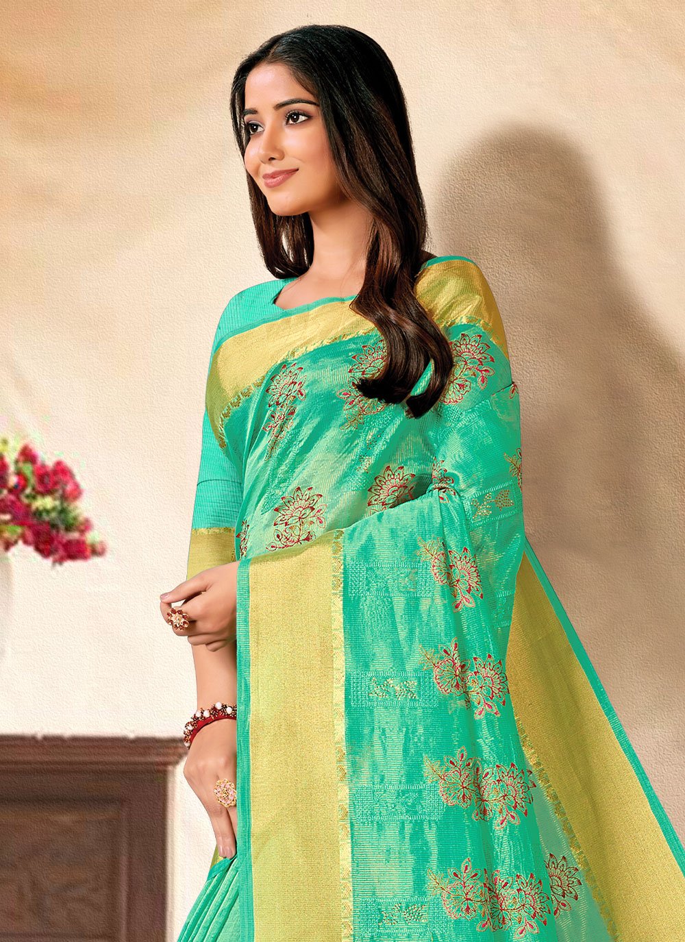 Classic Banarasi Silk Sea Green Embroidered Saree