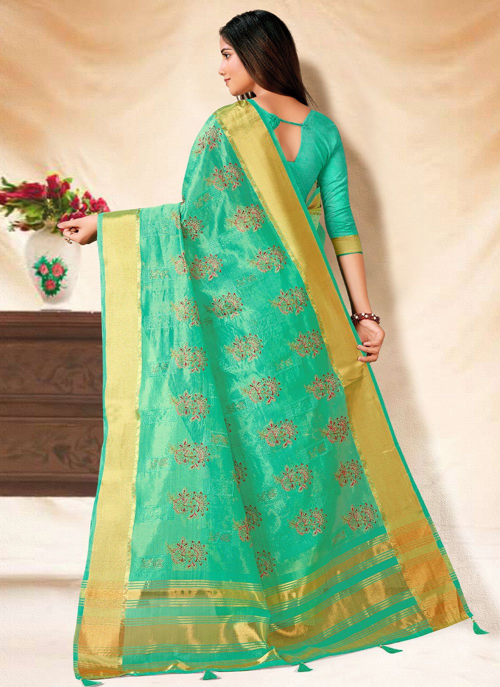 Classic Banarasi Silk Sea Green Embroidered Saree