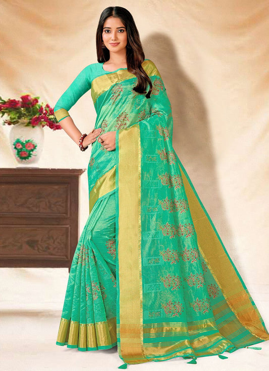 Classic Banarasi Silk Sea Green Embroidered Saree