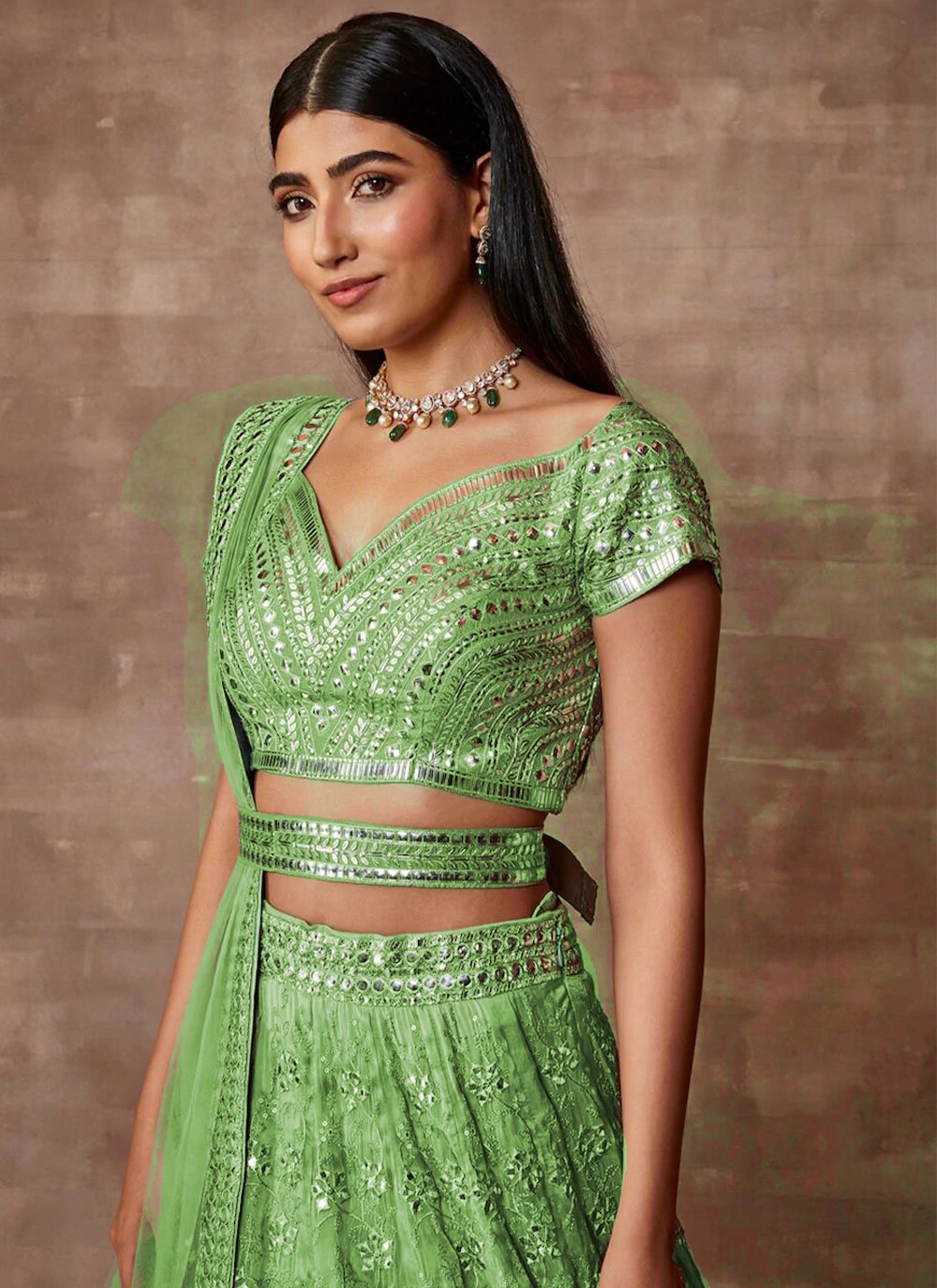 Lehenga Choli Organza Sea Green Embroidered Lehenga Choli