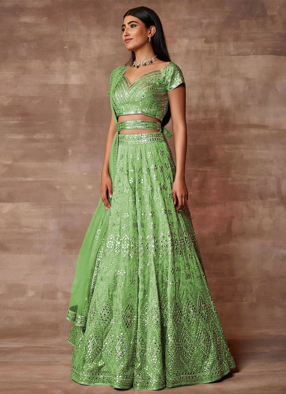 Lehenga Choli Organza Sea Green Embroidered Lehenga Choli