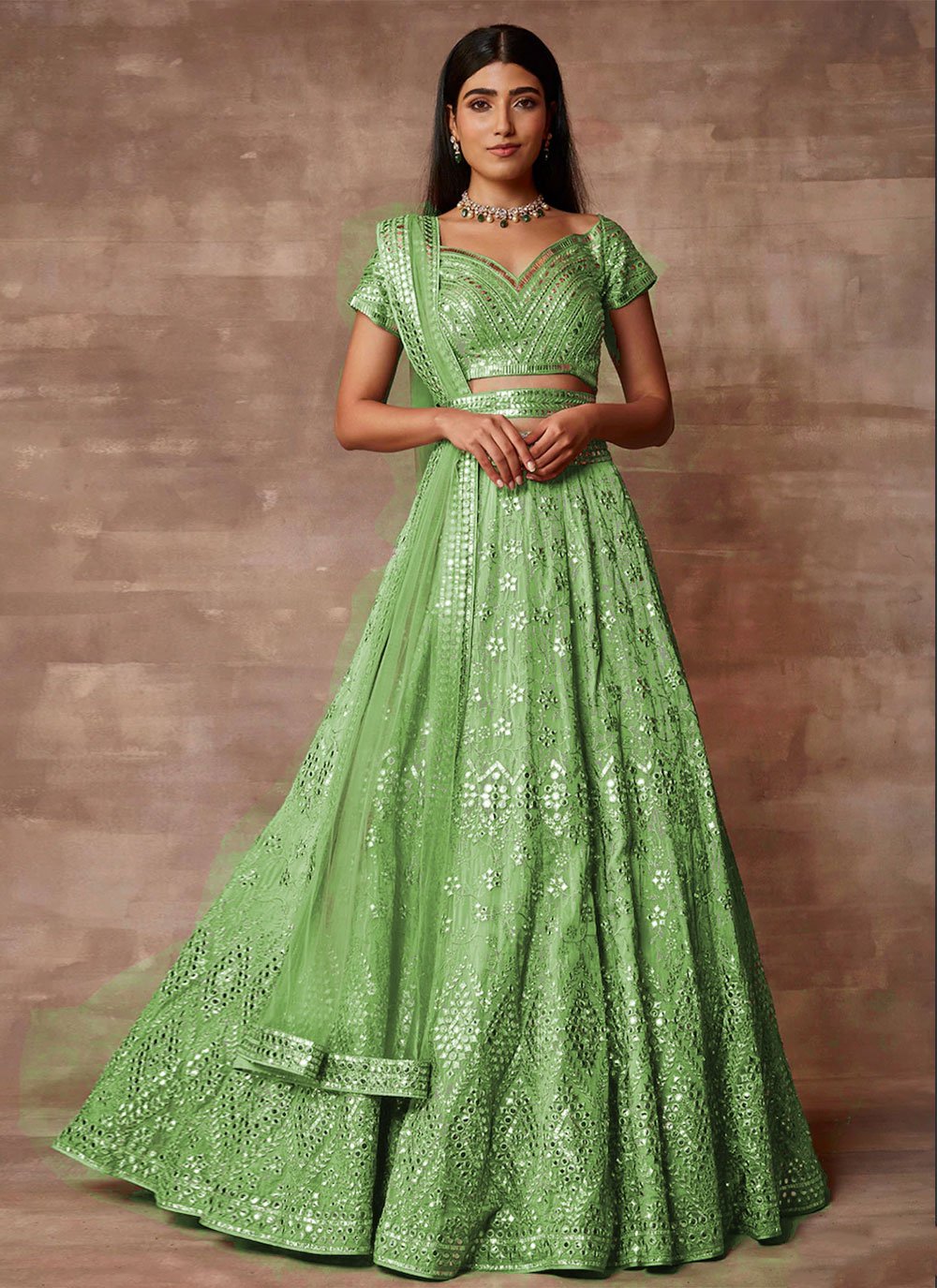 Lehenga Choli Organza Sea Green Embroidered Lehenga Choli