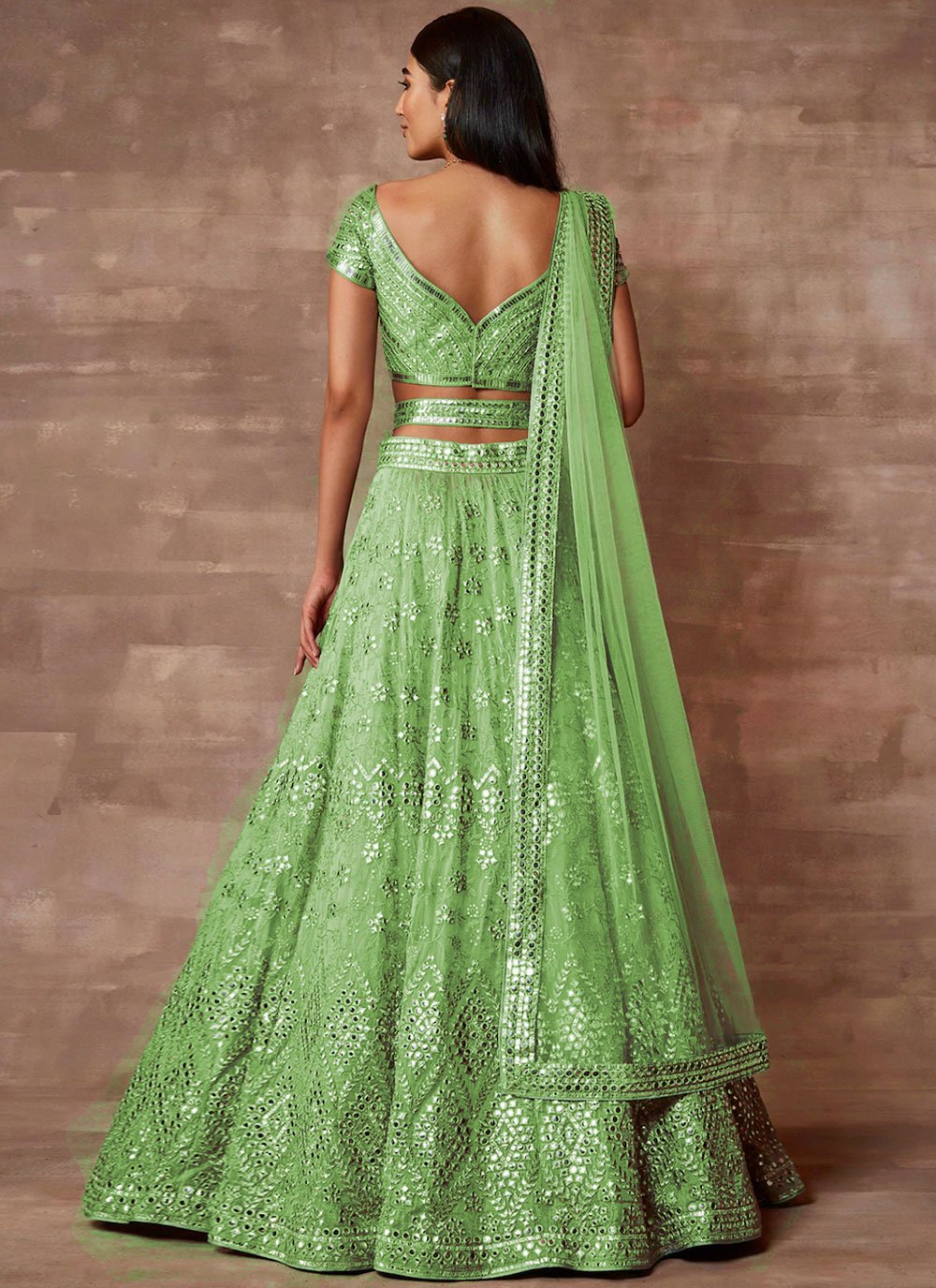 Lehenga Choli Organza Sea Green Embroidered Lehenga Choli