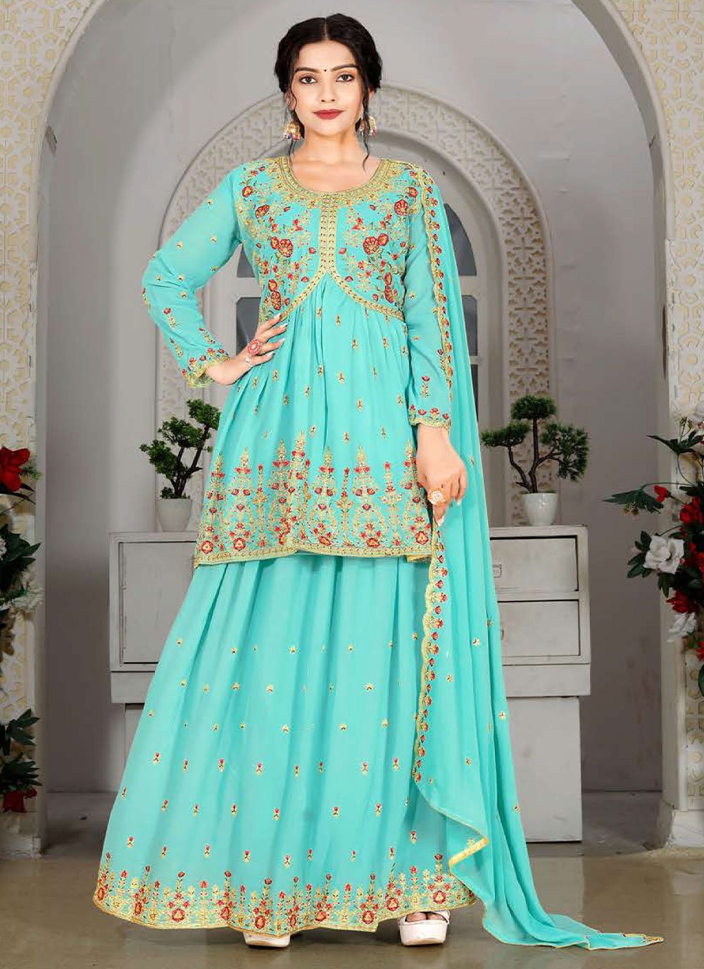 Readymade Lehenga Choli Georgette Sea Green Embroidered Lehenga Choli