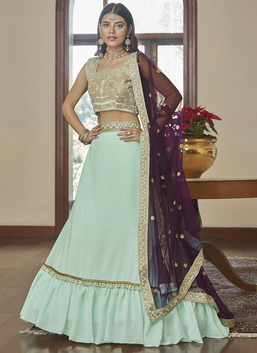 A Line Lehenga Silk Sea Green Dori Work Lehenga Choli