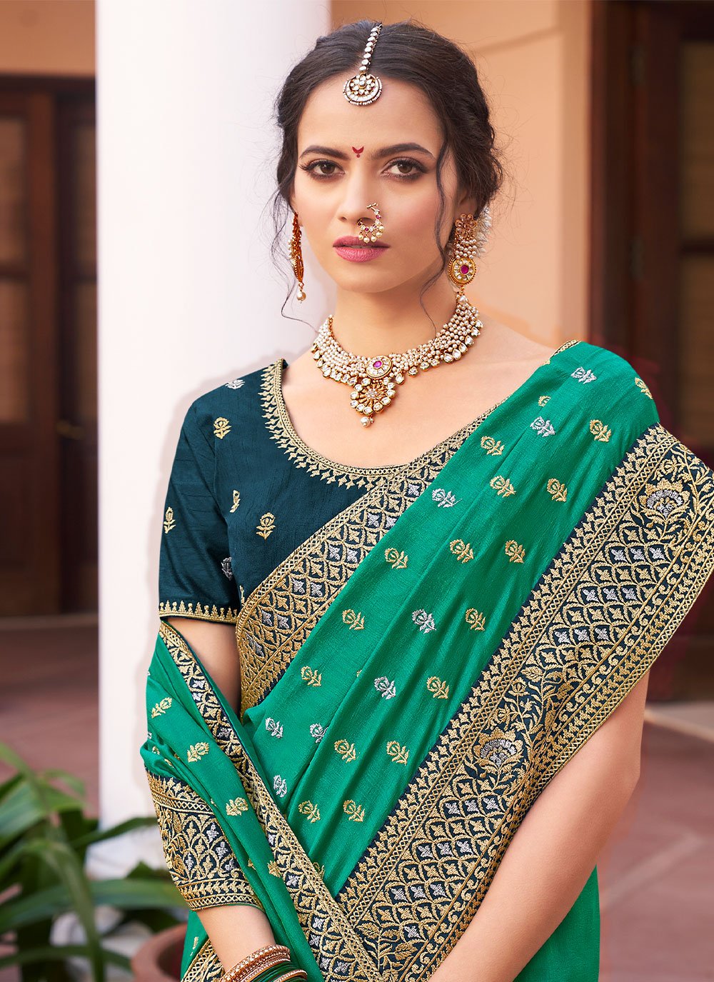 Classic Vichitra Silk Sea Green Embroidered Saree