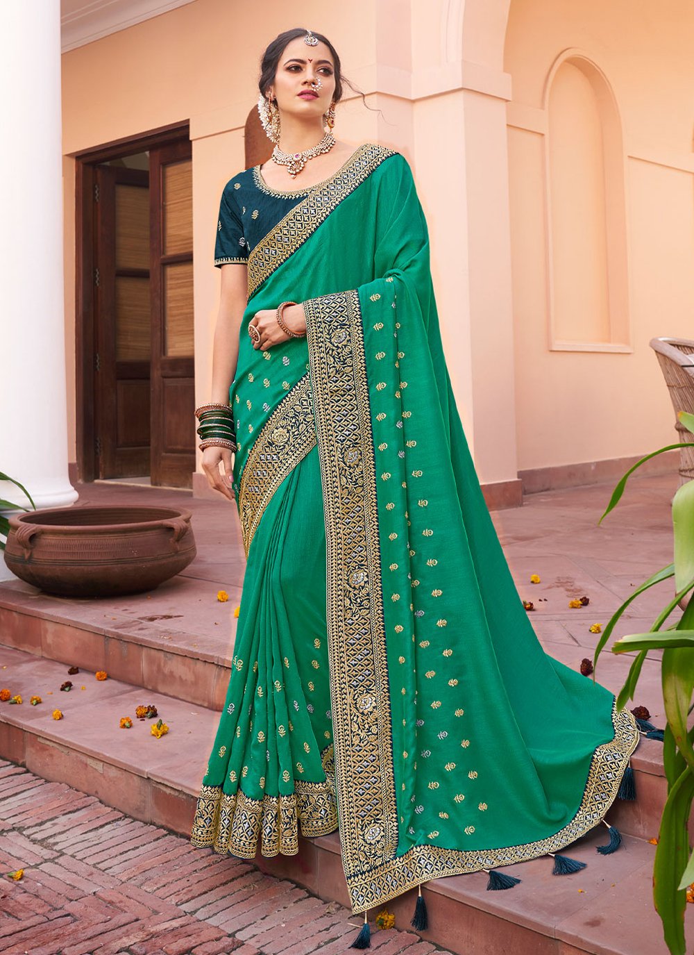 Classic Vichitra Silk Sea Green Embroidered Saree