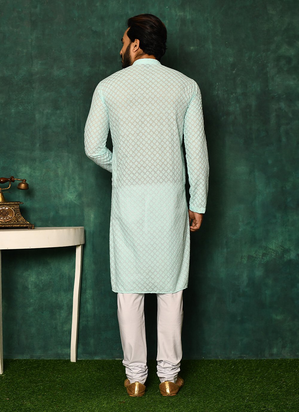 Kurta Pyjama Cotton Sea Green Chikankari Work Mens