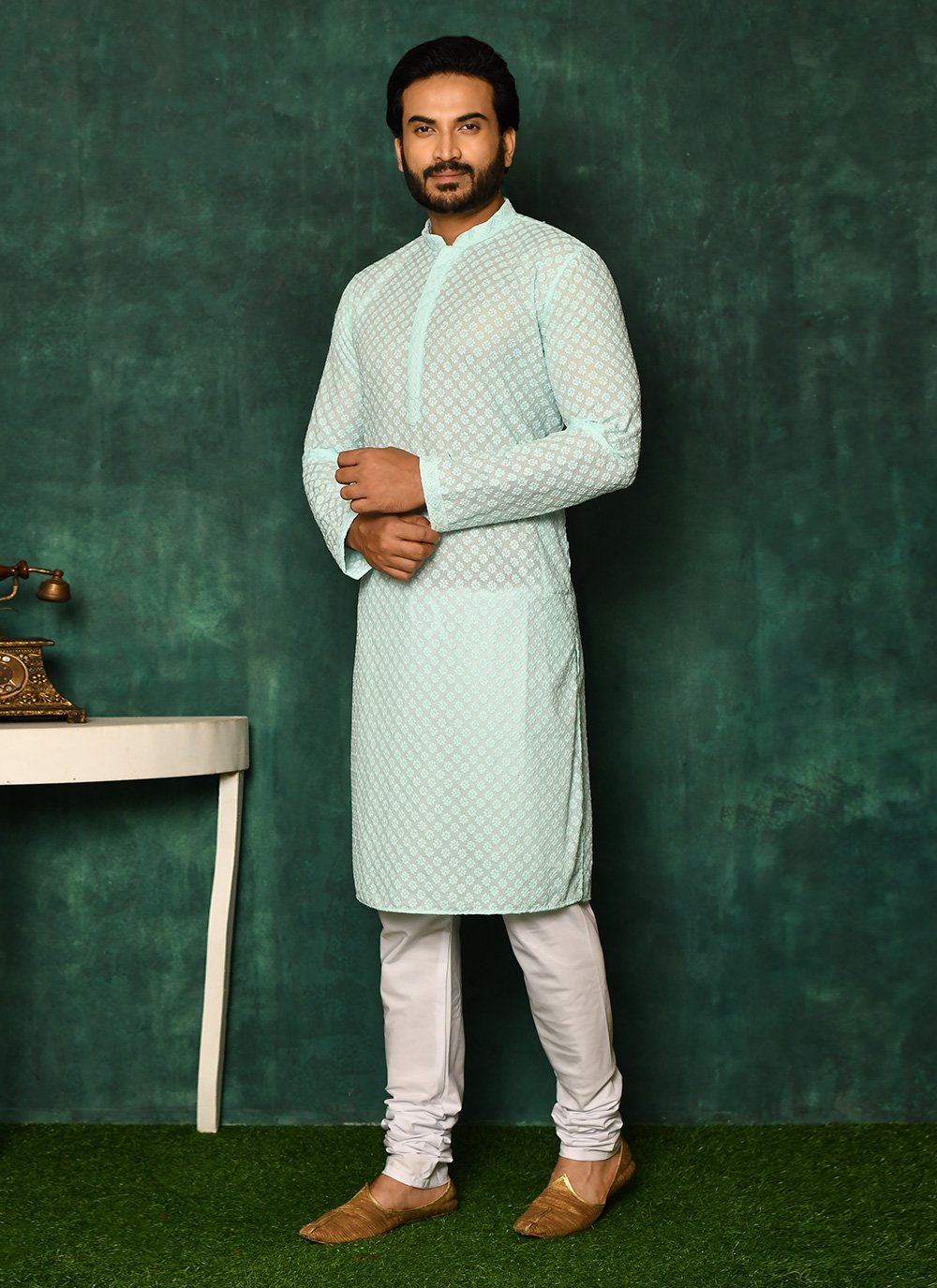 Kurta Pyjama Cotton Sea Green Chikankari Work Mens