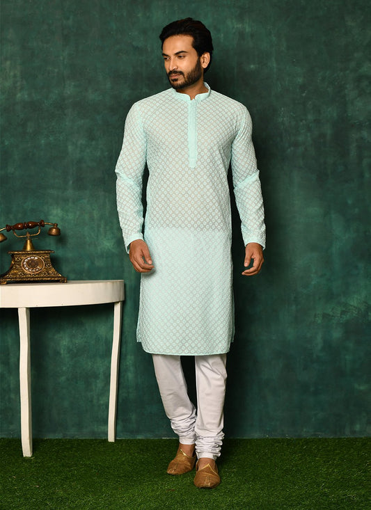 Kurta Pyjama Cotton Sea Green Chikankari Work Mens