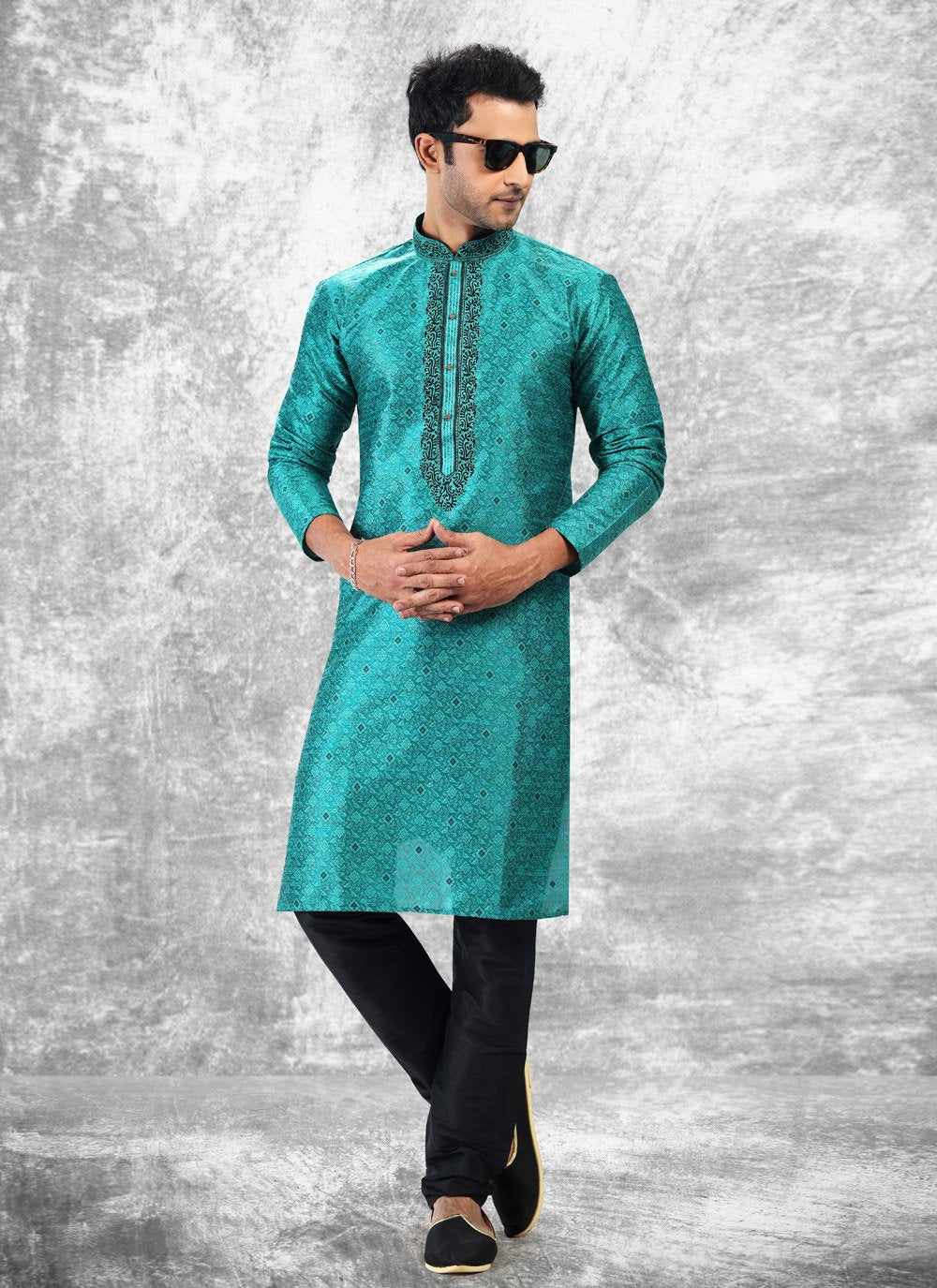 Kurta Pyjama Brocade Jacquard Silk Sea Green Fancy Work Mens