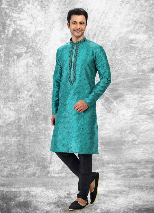 Kurta Pyjama Brocade Jacquard Silk Sea Green Fancy Work Mens