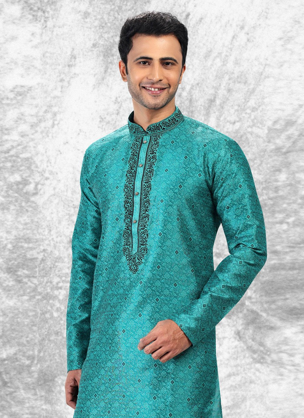 Kurta Pyjama Brocade Jacquard Silk Sea Green Fancy Work Mens