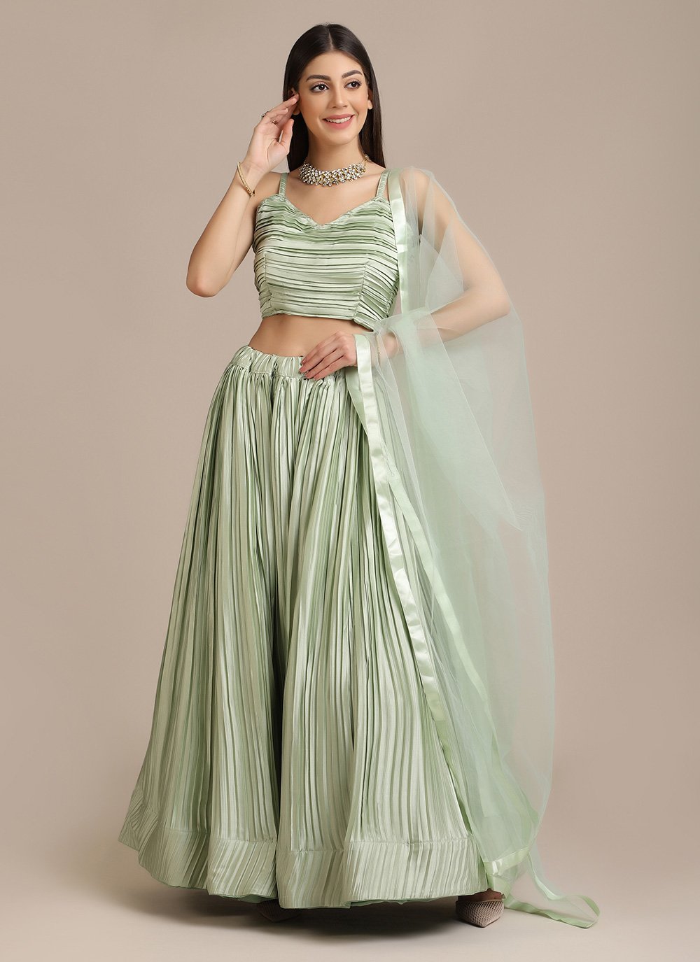 Lehenga Choli Satin Silk Sea Green Plain Lehenga Choli