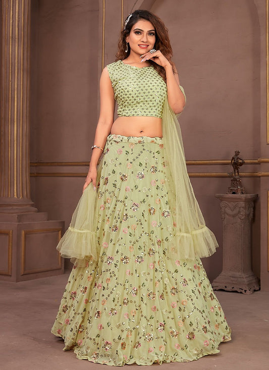 Lehenga Choli Georgette Viscose Sea Green Embroidered Lehenga Choli