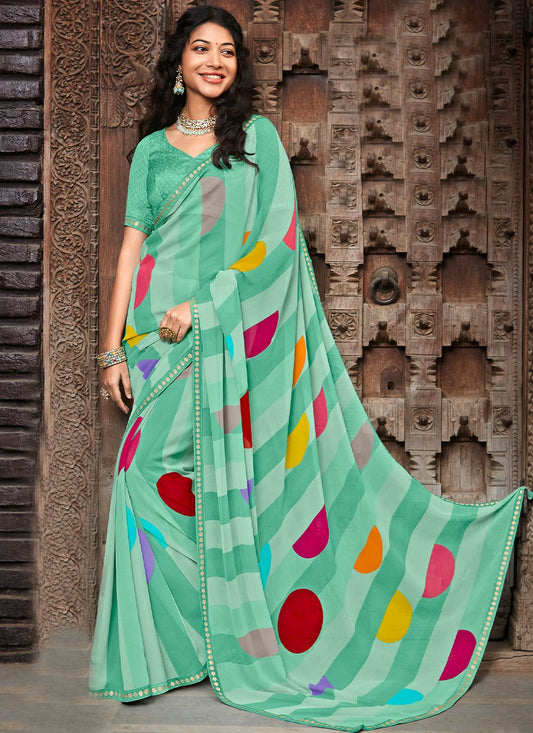 Contemporary Georgette Sea Green Fancy Work Saree