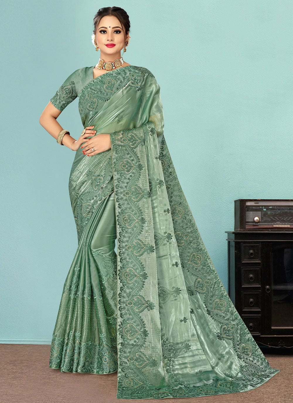 Classic Fancy Fabric Sea Green Embroidered Saree