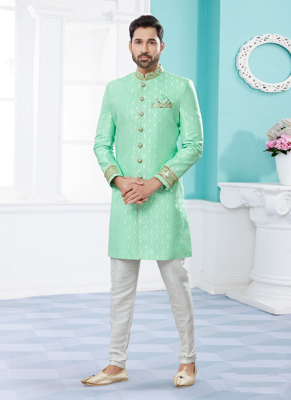 Indo Western Sherwani Fancy Fabric Sea Green Embroidered Mens