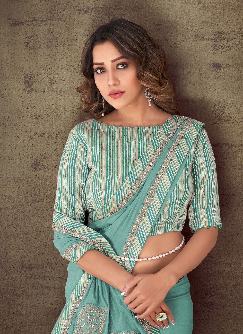 Contemporary Faux Crepe Georgette Sea Green Embroidered Saree