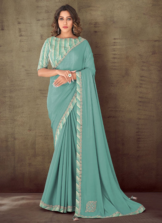 Contemporary Faux Crepe Georgette Sea Green Embroidered Saree