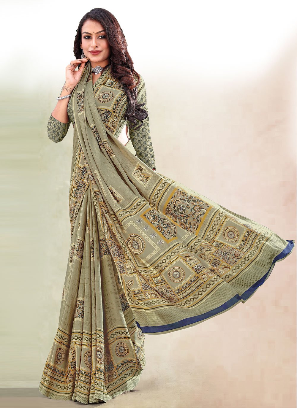 Contemporary Faux Crepe Sea Green Print Saree