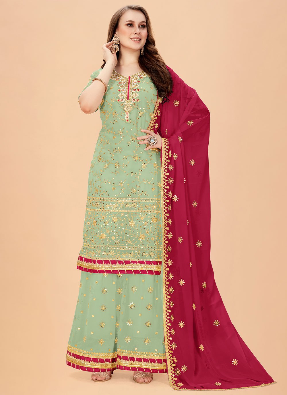 Trendy Suit Faux Georgette Sea Green Embroidered Salwar Kameez