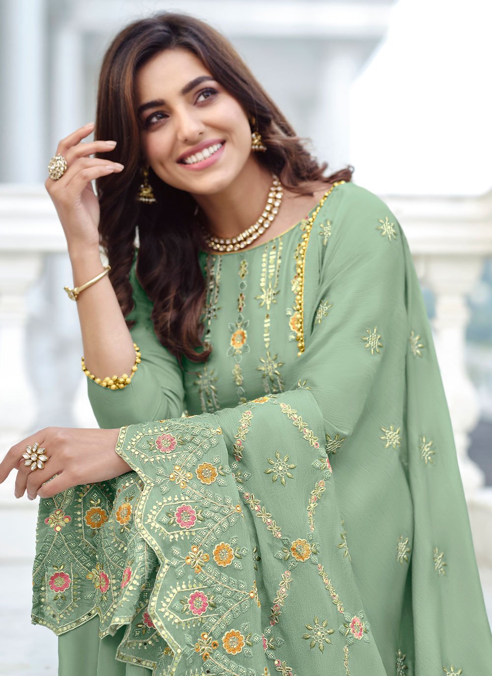 Trendy Suit Faux Georgette Sea Green Embroidered Salwar Kameez