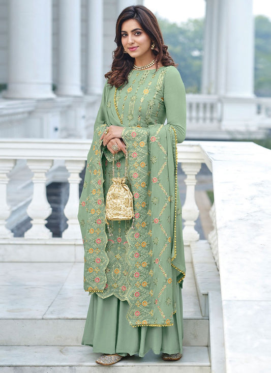 Trendy Suit Faux Georgette Sea Green Embroidered Salwar Kameez