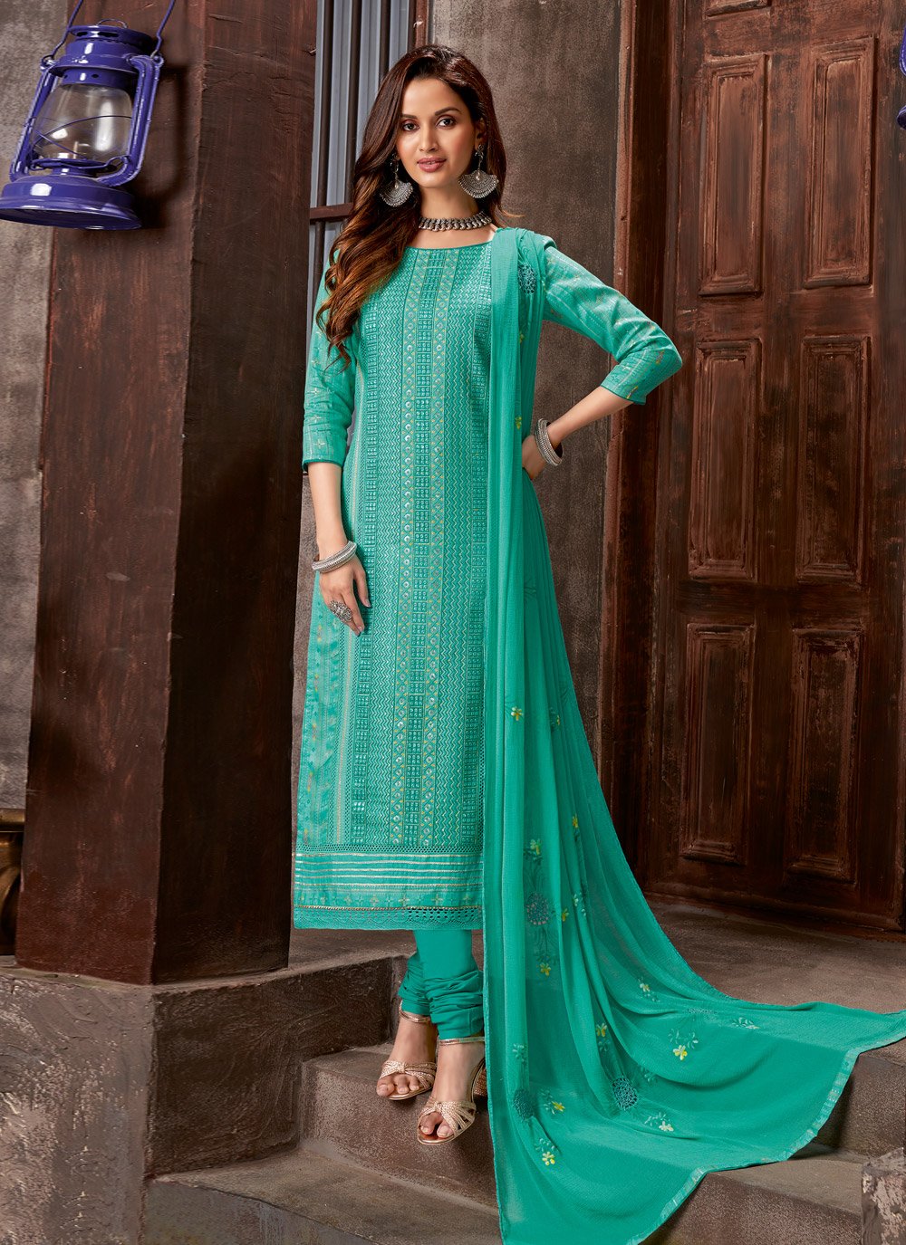 Churidar Suit Cotton Satin Sea Green Embroidered Salwar Kameez