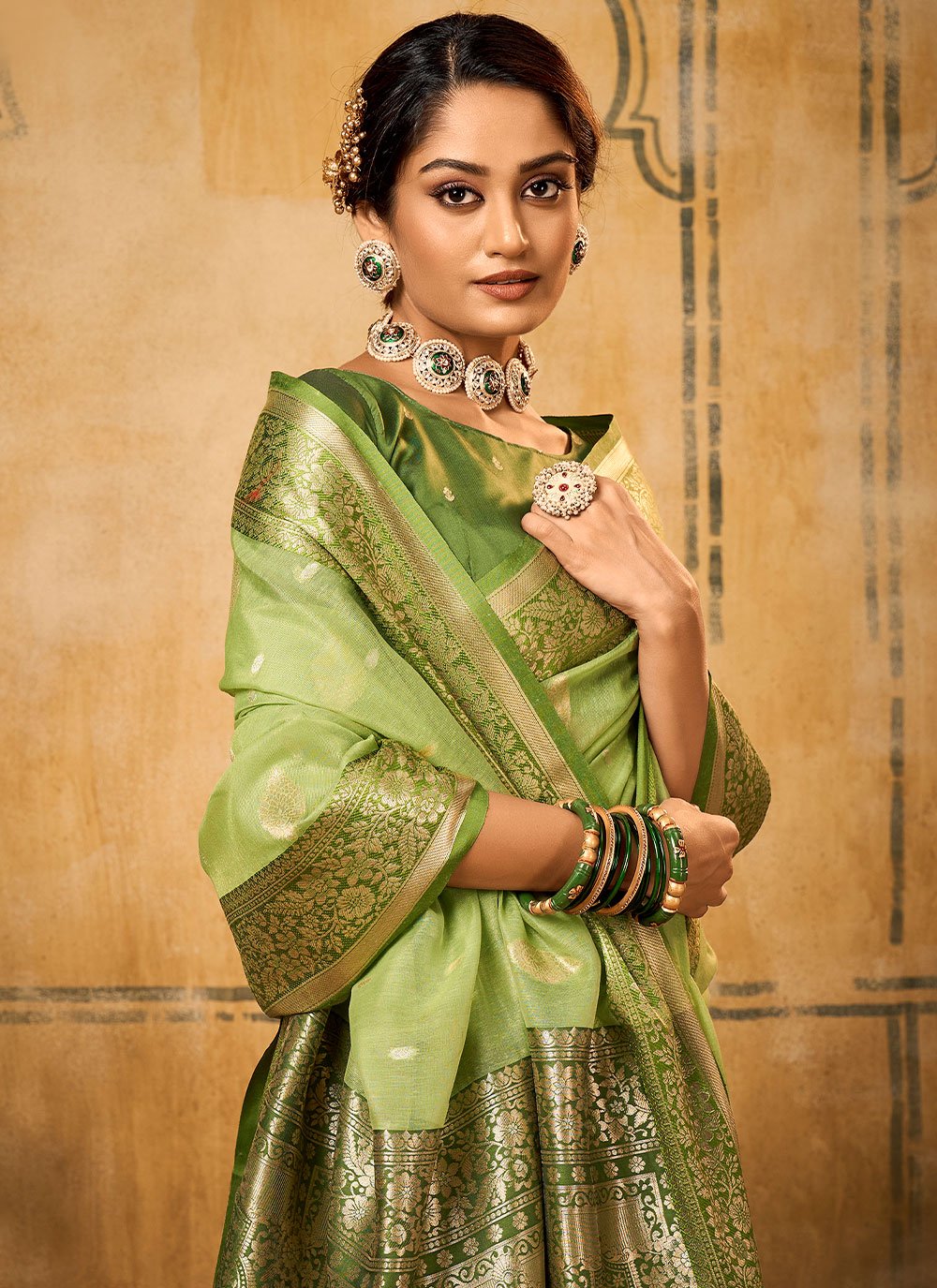 Contemporary Banarasi Silk Tissue Sea Green Patch Border Saree