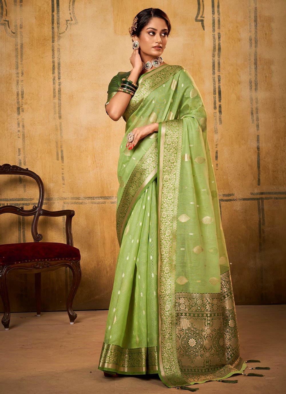 Contemporary Banarasi Silk Tissue Sea Green Patch Border Saree