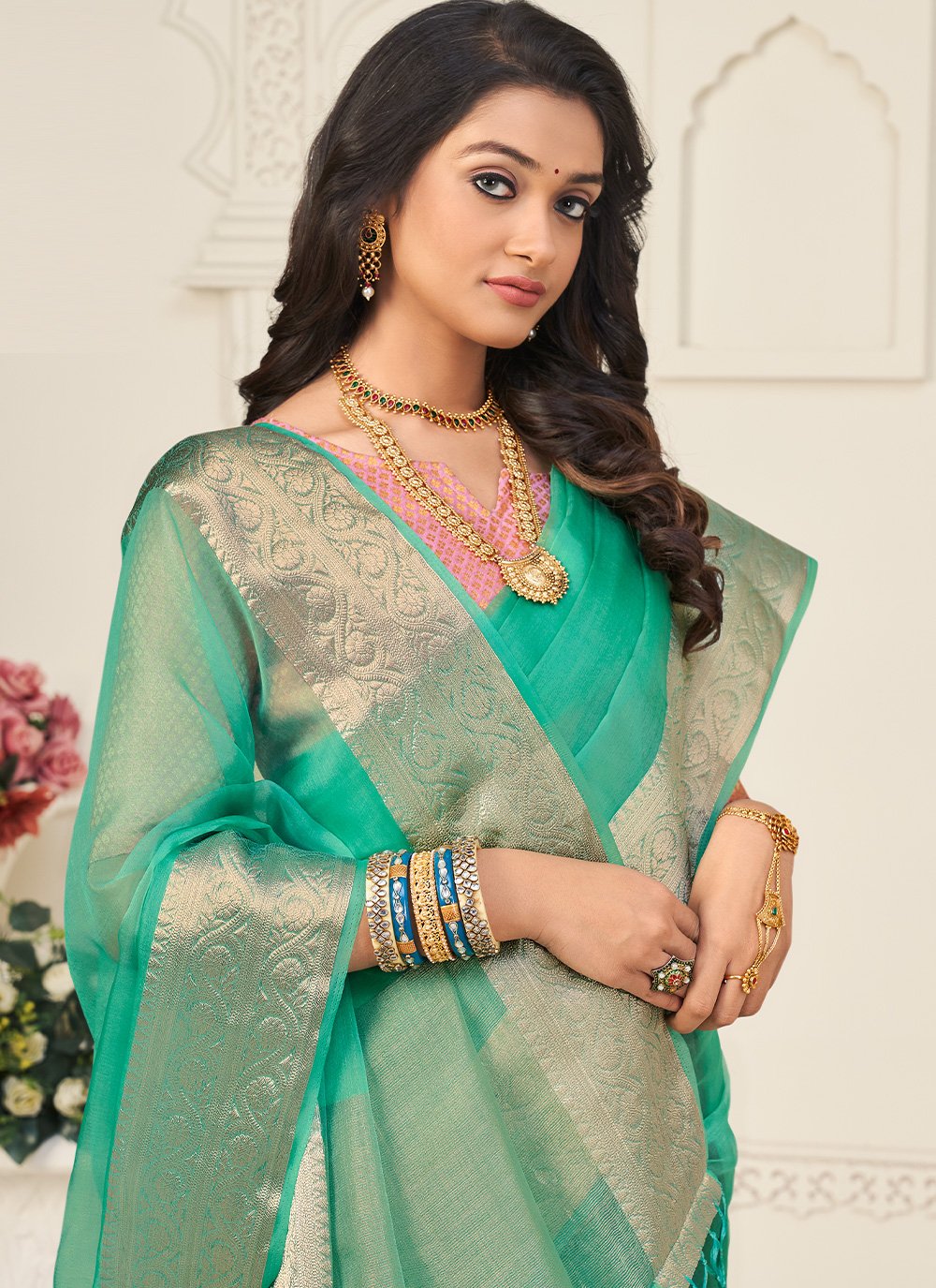 Contemporary Organza Sea Green Patch Border Saree