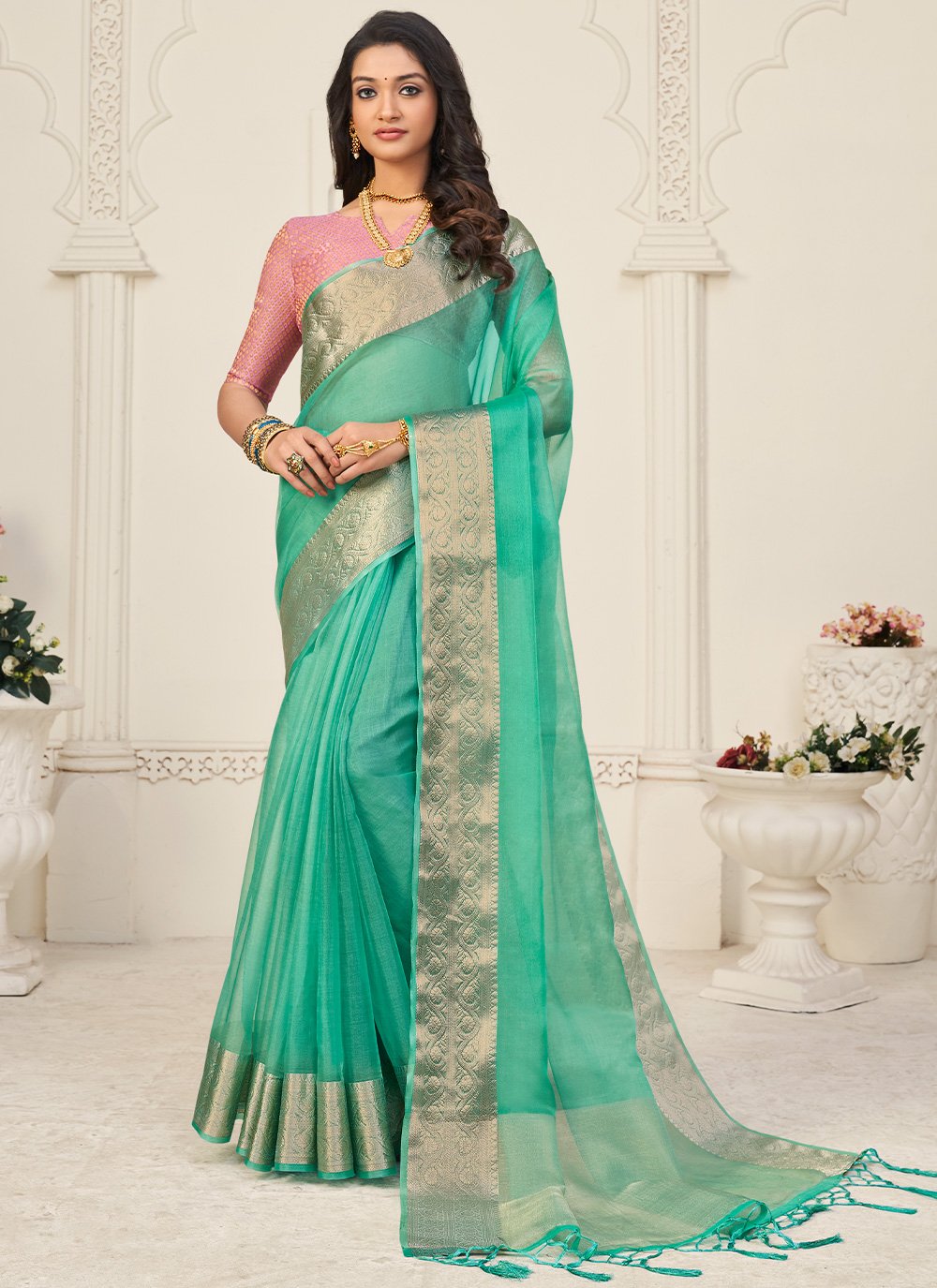 Contemporary Organza Sea Green Patch Border Saree