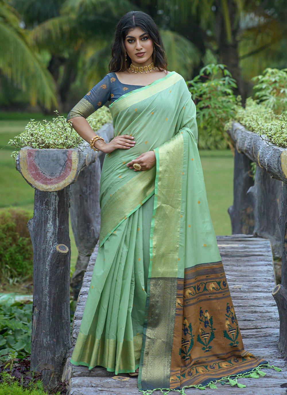 Contemporary Cotton Linen Sea Green Jacquard Work Saree