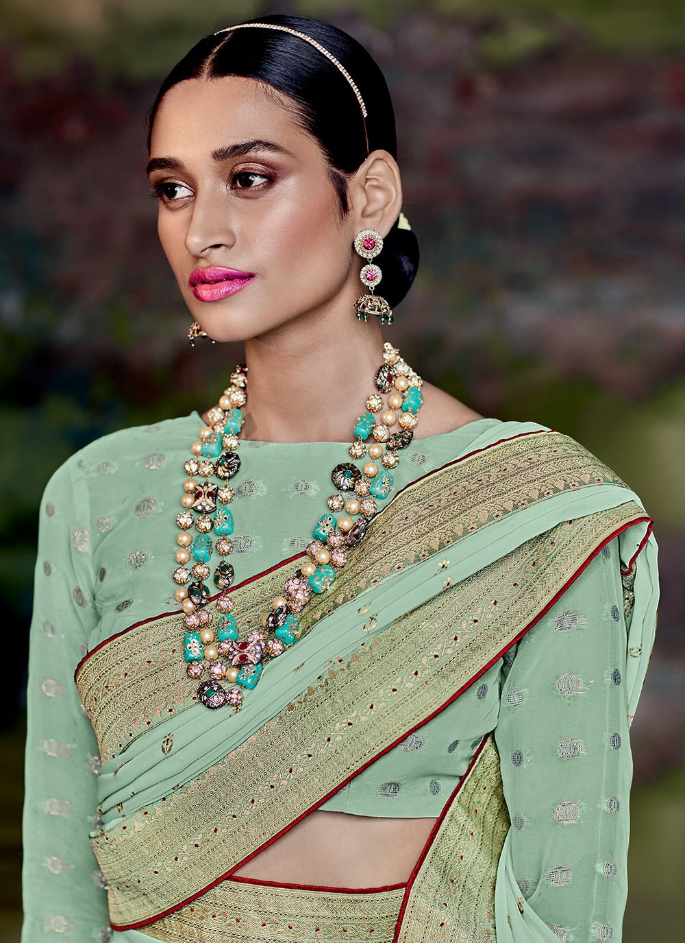 Designer Georgette Sea Green Foil Print Saree