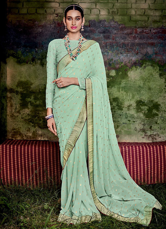 Designer Georgette Sea Green Foil Print Saree