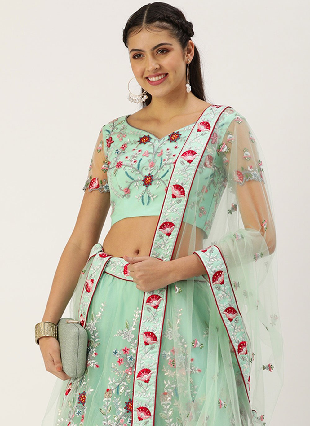 A Line Lehenga Net Sea Green Embroidered Lehenga Choli