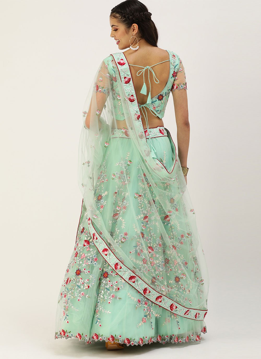 A Line Lehenga Net Sea Green Embroidered Lehenga Choli