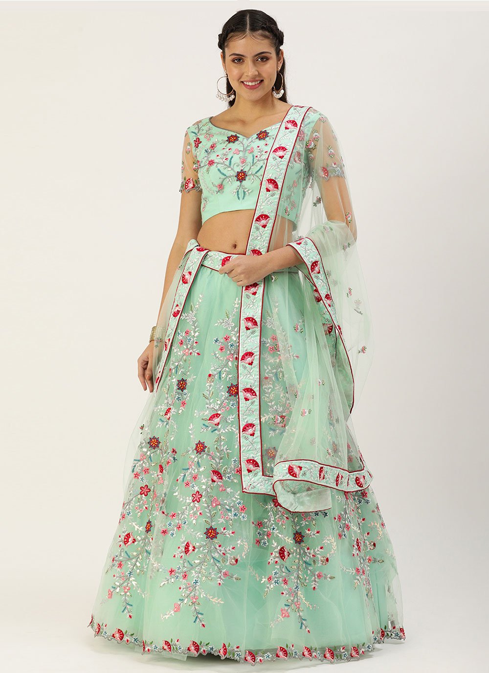 A Line Lehenga Net Sea Green Embroidered Lehenga Choli