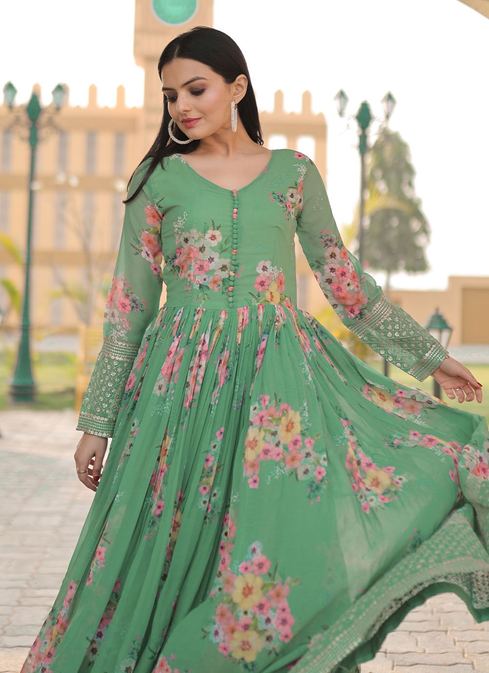 Gown Faux Georgette Sea Green Embroidered Gown