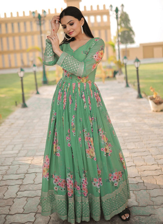 Gown Faux Georgette Sea Green Embroidered Gown