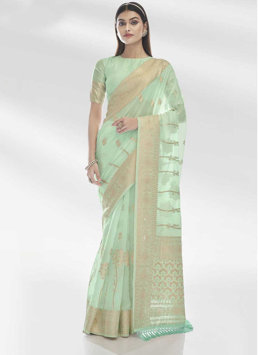 Classic Organza Sea Green Woven Saree