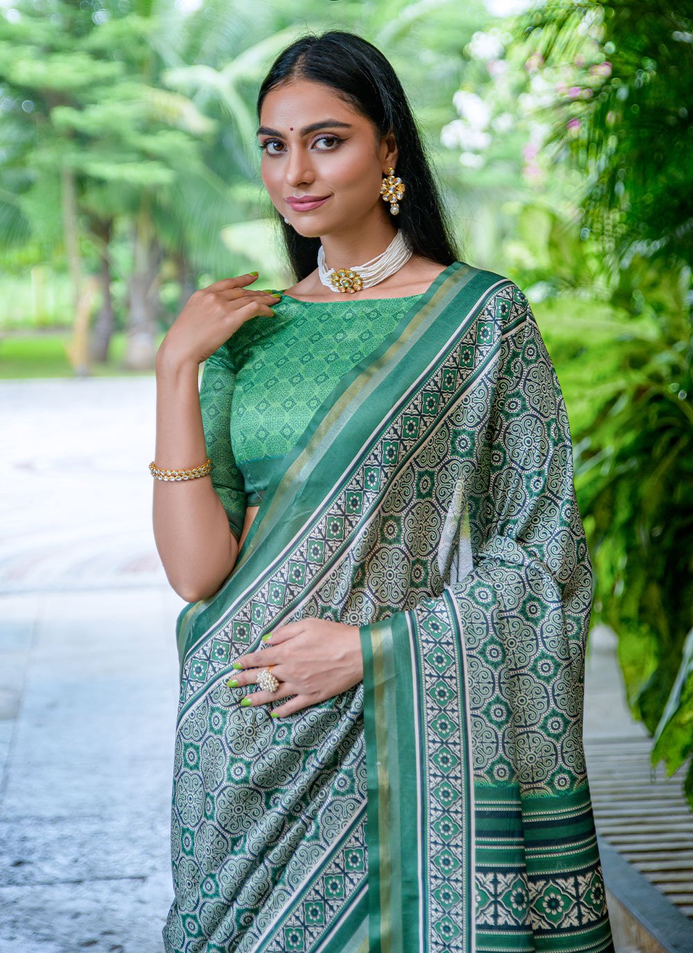 Classic Cotton Silk Sea Green Print Saree